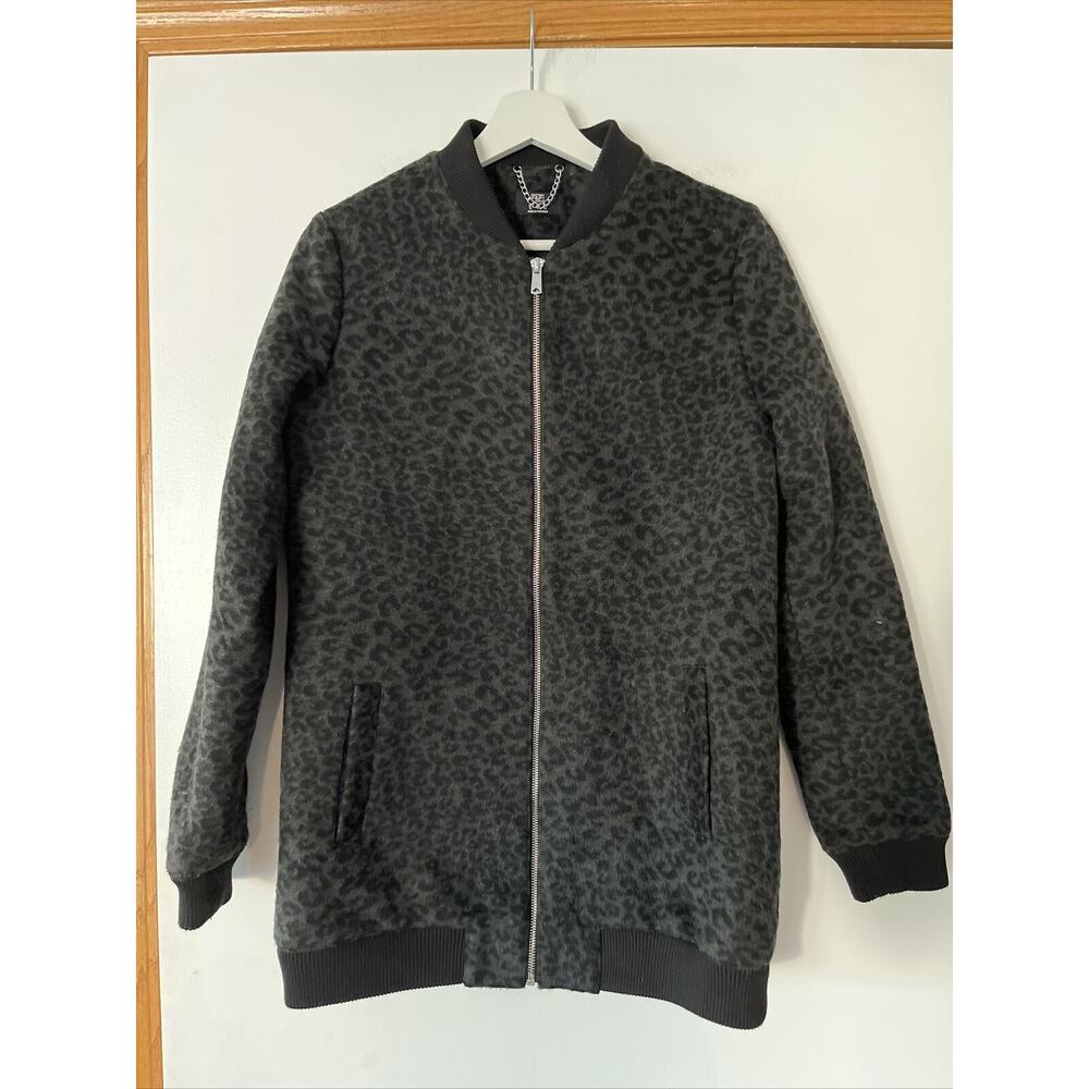 F&F Women’s Full Zip Jacket Black Gray Leopard Print Fleece Coat Size US 6 Lined